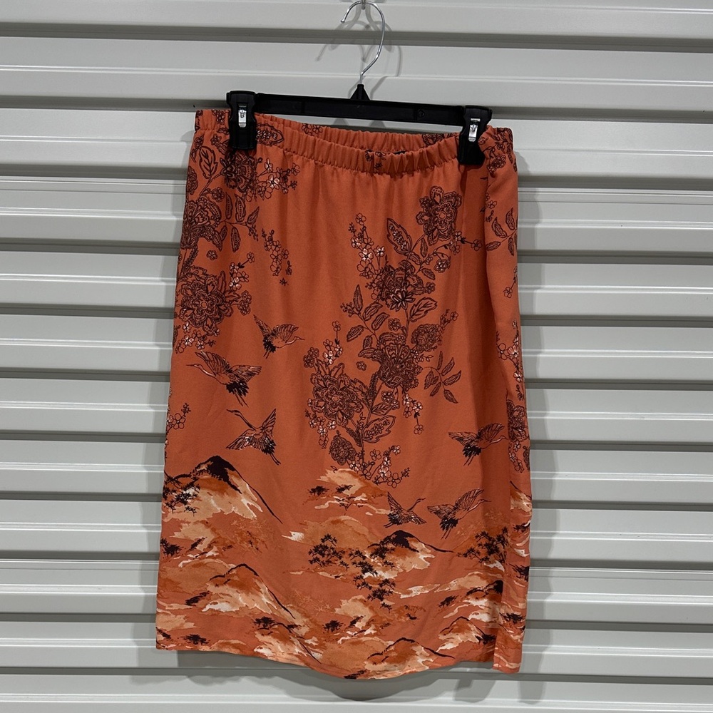 Pleione Burnt Orange Floral & Mountain Midi Skirt